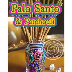 May include: A glass jar with a colorful, swirling design holds a bundle of Palo Santo & Patchouli incense sticks. The jar has the text "Mango Mantras Divine Supplies" on the side.