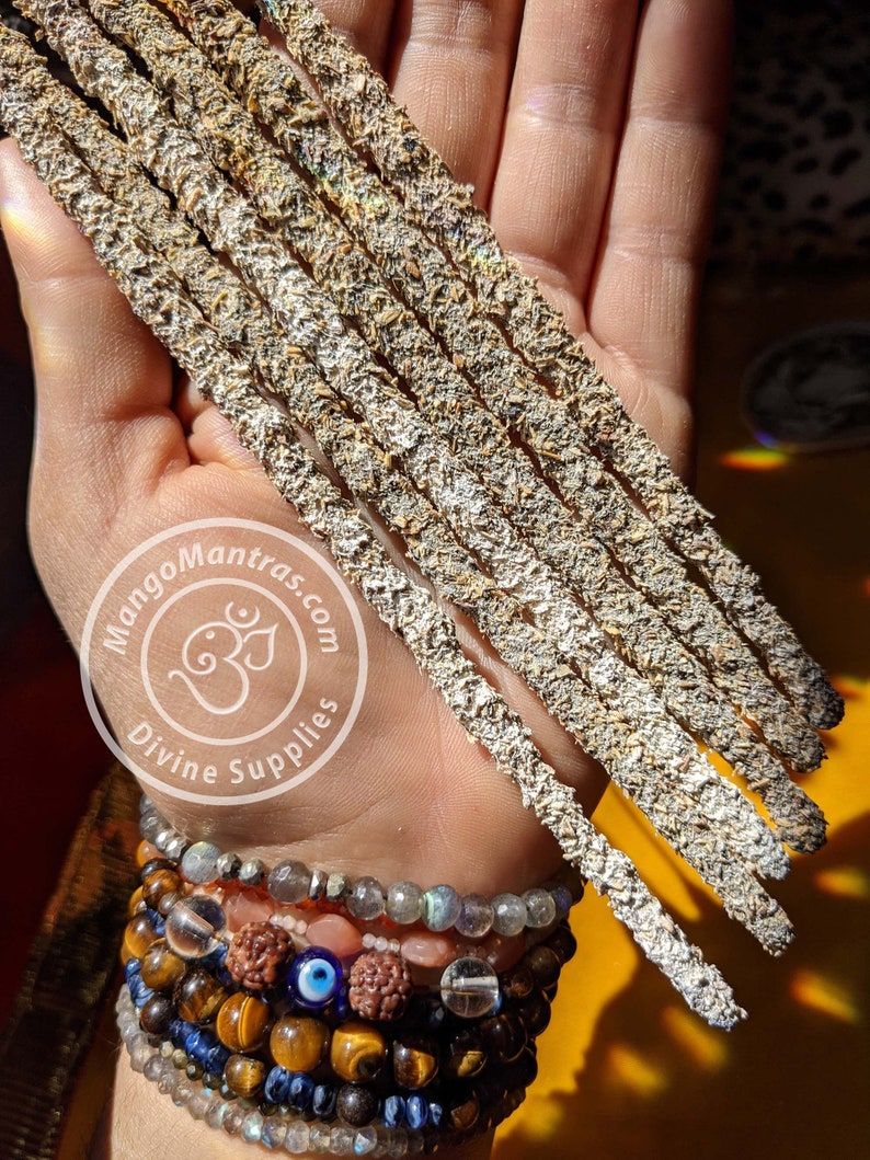 May include: A hand holding a bundle of eight incense sticks. The sticks are a light brown color and have a rough texture. The hand is wearing several bracelets, including a blue and white beaded bracelet, a brown and gold beaded bracelet, and a silver bracelet with a blue eye charm. The background is a yellow and orange color.