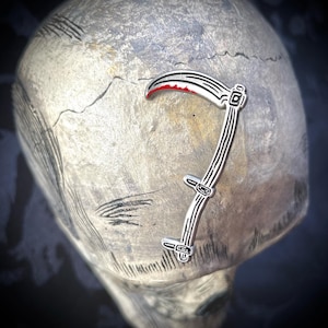 Scythe with Blood Antique Silver Enamel Pin