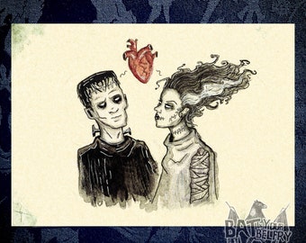 Impresión artística del Monstruo de Frankenstein y la Novia de Frankenstein