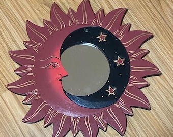 NEW VTG BALI Hand-Carved Moon & Stars Wooden Mirror 12” Red