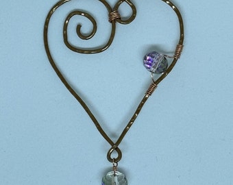 Wire Wrap Heart Ornament or Sun Catcher, Crystal Beads with Amethyst Shimmer, Valentine's Day Gift