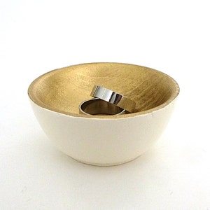 Cream and gold wood dish, jewelry dish, ring cup, mini jewelry holder, engagement gift, bridal gift, small ring storage image 2