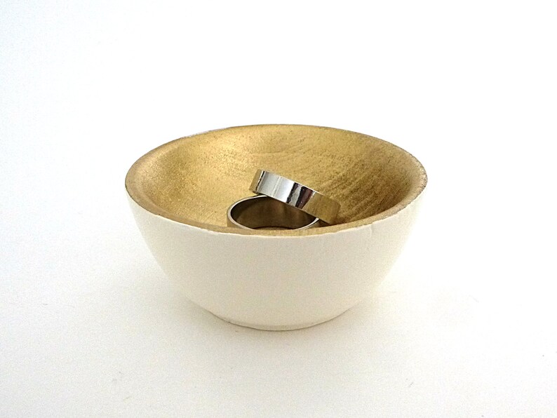 Cream and gold wood dish, jewelry dish, ring cup, mini jewelry holder, engagement gift, bridal gift, small ring storage image 2