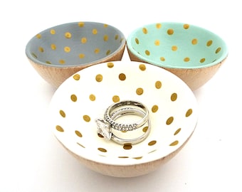 Cream and gold dots wood dish, jewelry dish, ring cup, mini jewelry holder, polka dot, stocking stuffer, gift for her