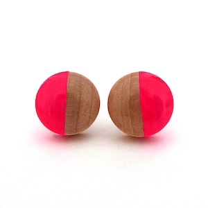 Neon pink stud earrings, wood post earrings, fluorescent pink earrings, neon and wood image 1