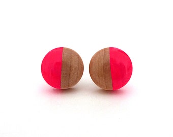 Neon pink stud earrings, wood post earrings, fluorescent pink earrings, neon and wood