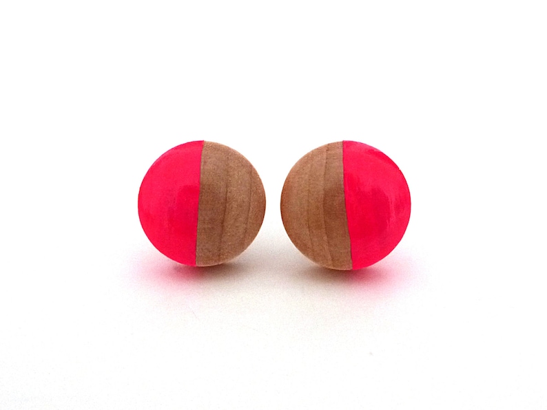 Neon pink stud earrings, wood post earrings, fluorescent pink earrings, neon and wood image 1