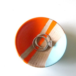 Neon orange and blue wood dish, jewelry dish, ring cup, mini jewelry holder, wedding ring bowl, engagement gift, tiny ring dish