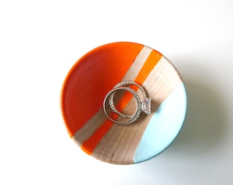 Neon orange and blue wood dish, jewelry dish, ring cup, mini jewelry holder, wedding ring bowl, engagement gift, tiny ring dish