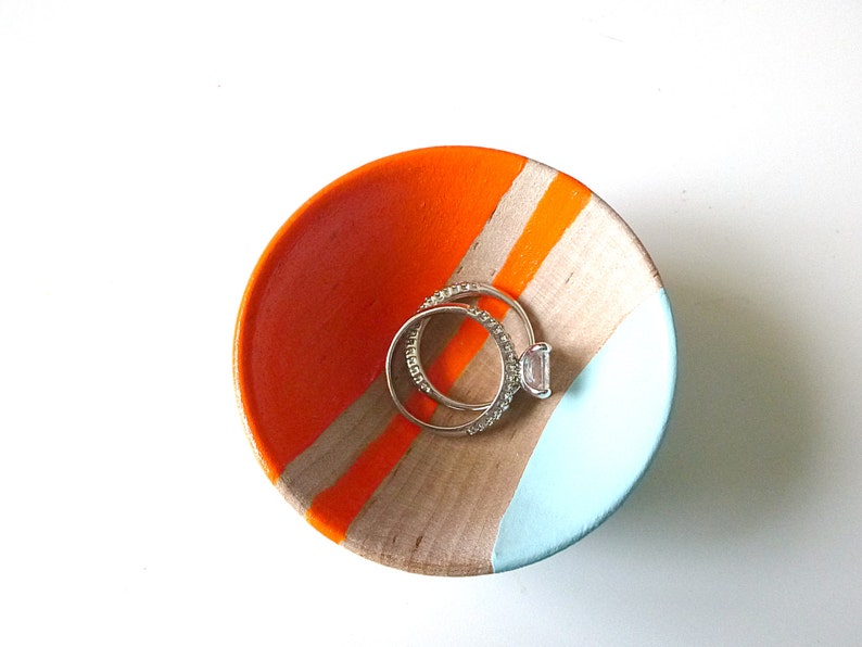 Neon orange and blue wood dish, jewelry dish, ring cup, mini jewelry holder, wedding ring bowl, engagement gift, tiny ring dish image 1