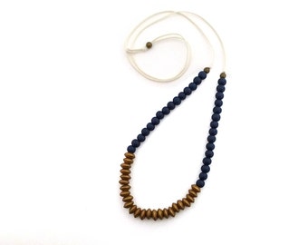 Gold and navy blue beaded necklace, colorblock necklace, long adjustable necklace, lightweight necklace, layering necklace, simple beaded