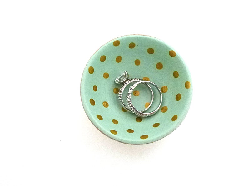 Mint green and gold dots wood dish, jewelry dish, ring cup, mini jewelry holder, spring decor, mother's day gift image 2