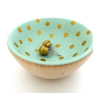 Mint green and gold dots wood dish, jewelry dish, ring cup, mini jewelry holder, spring decor, mother's day gift image 3