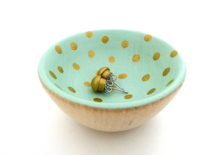 Mint green and gold dots wood dish, jewelry dish, ring cup, mini jewelry holder, spring decor, mother's day gift image 3