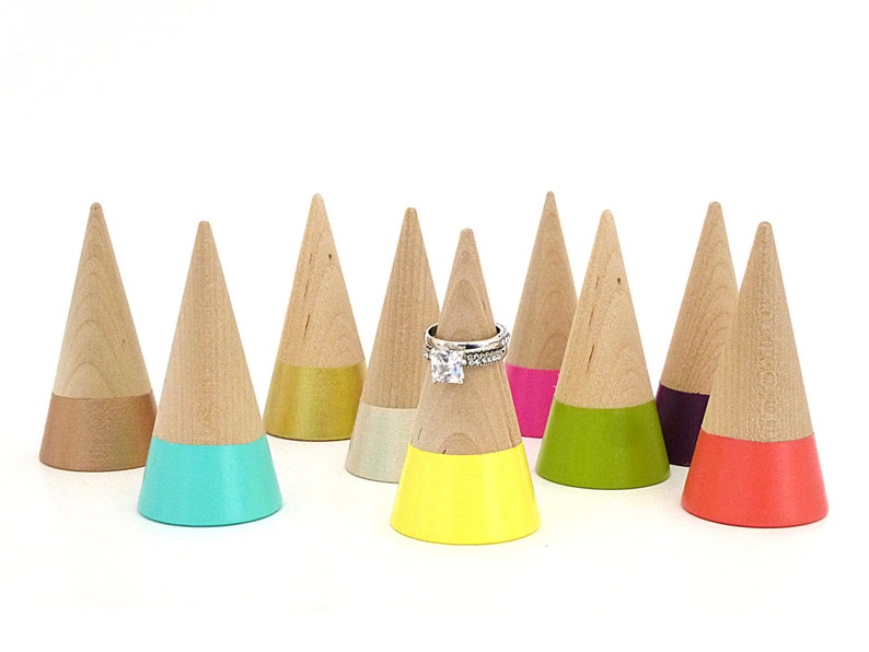 Ring cone, wood ring cone, pick your color, unique ring storage, painted wood decor, jewelry display, ring holder, gift under 15 image 1