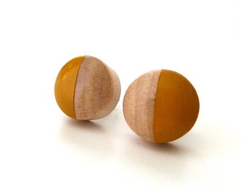 Mustard yellow stud earrings, wood post earrings, fall colors, simple earrings