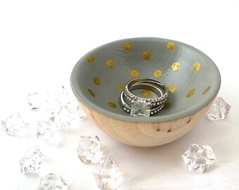 Gray and gold dots wood dish, jewelry dish, ring cup, mini jewelry holder, polka dot bowl, tiny ring cup