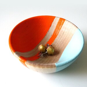 Neon orange and blue wood dish, jewelry dish, ring cup, mini jewelry holder, wedding ring bowl, engagement gift, tiny ring dish image 3