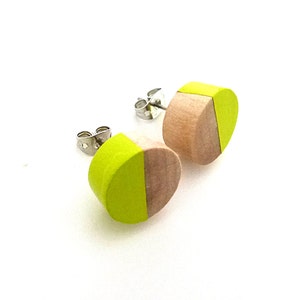 Yellow green wood post earrings, green stud earrings, fake gauges, chartreuse earrings image 2