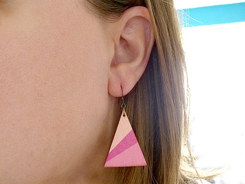 Triangle earrings, wood dangle earrings, triangle pendants, colorblock earrings, lightweight earrings, patterned earrings, geometric image 5