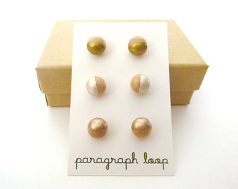 Gold, pearl and rose gold earring set, button post earrings, little studs, colorful earrings, metallic earrings, gift for her