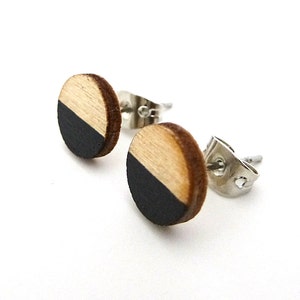 Tiny wood studs, black and wood earrings, round studs image 3