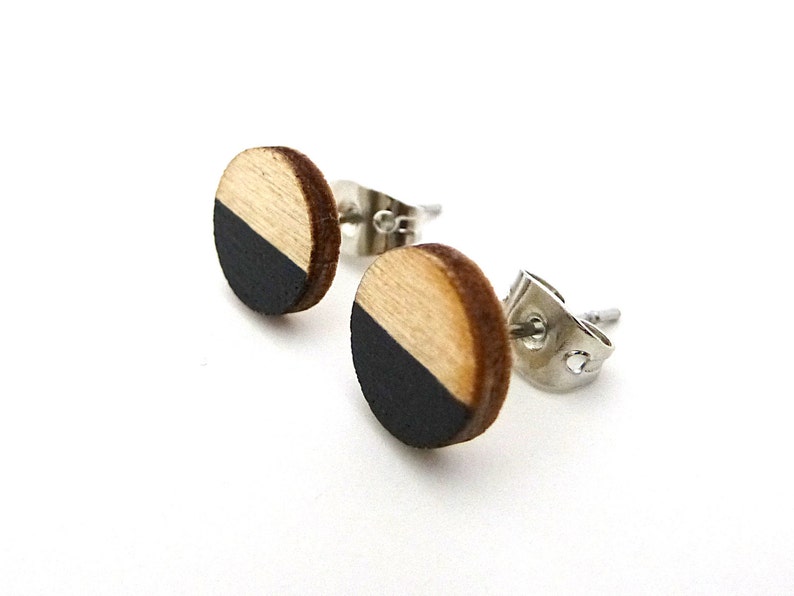 Tiny wood studs, black and wood earrings, round studs image 3