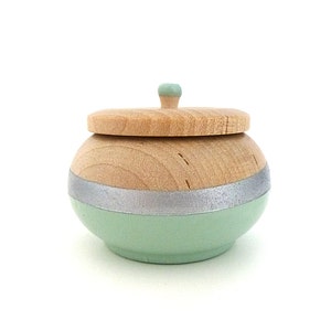 Mint green and silver jewelry box, wood jewelry box, tiny box, round wood box, painted wood box, pastel image 1