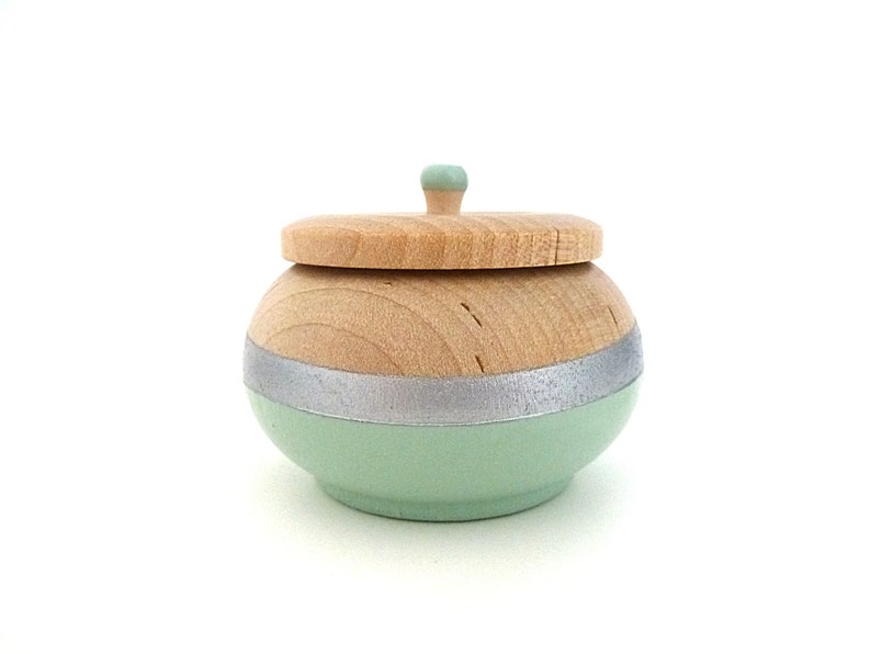 Mint green and silver jewelry box, wood jewelry box, tiny box, round wood box, painted wood box, pastel image 1