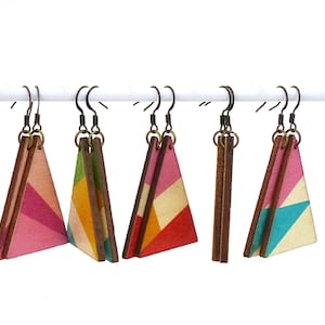 Triangle earrings, wood dangle earrings, triangle pendants, colorblock earrings, lightweight earrings, patterned earrings, geometric image 1