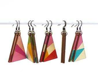 Triangle earrings, wood dangle earrings, triangle pendants, colorblock earrings, lightweight earrings, patterned earrings, geometric