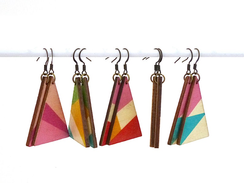 Triangle earrings, wood dangle earrings, triangle pendants, colorblock earrings, lightweight earrings, patterned earrings, geometric image 1