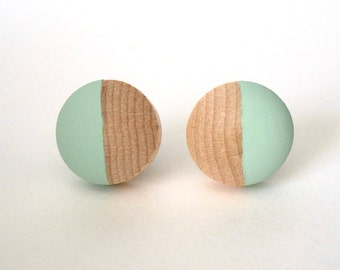 Mint green wood post button earrings, wood stud earrings, light green earrings, pastel earrings