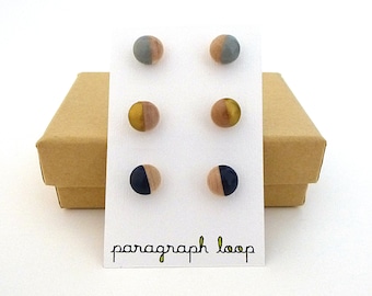 Gray, gold and navy blue earring set, button post earrings, little studs, colorful earrings, gift for her