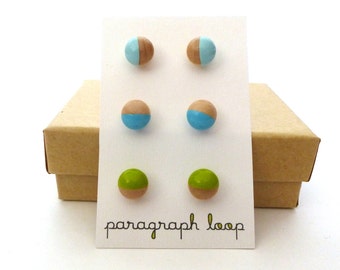 Wood earrings, blue and green earring set, tiny studs, colorful earring, gift for her, dipped wood, simple wood jewelry, minimalist earrings