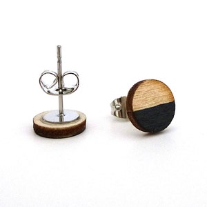 Tiny wood studs, black and wood earrings, round studs image 2