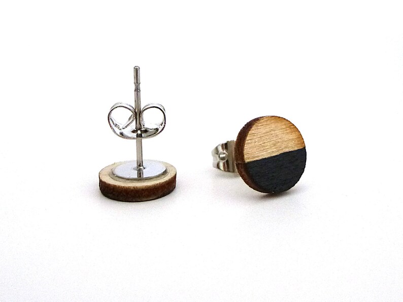 Tiny wood studs, black and wood earrings, round studs image 2