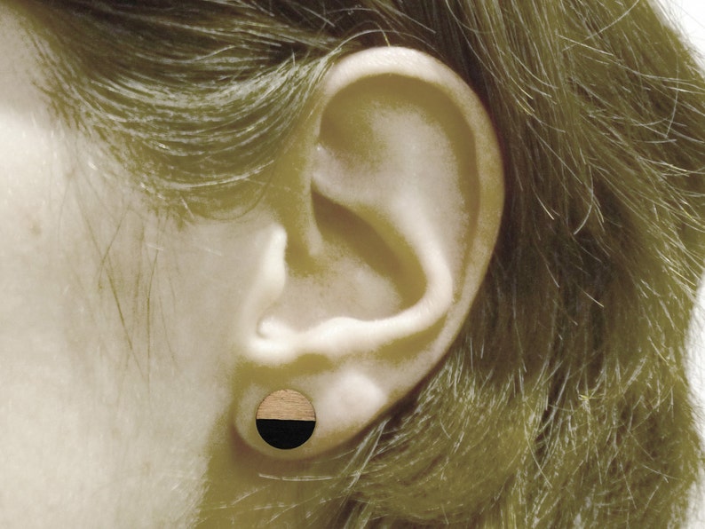 Tiny wood studs, black and wood earrings, round studs image 5