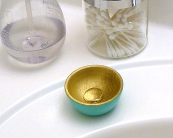 Turquoise and gold wood dish, jewelry dish, ring cup, mini jewelry holder, wedding ring bowl, ring storage, ring dish, wedding gift