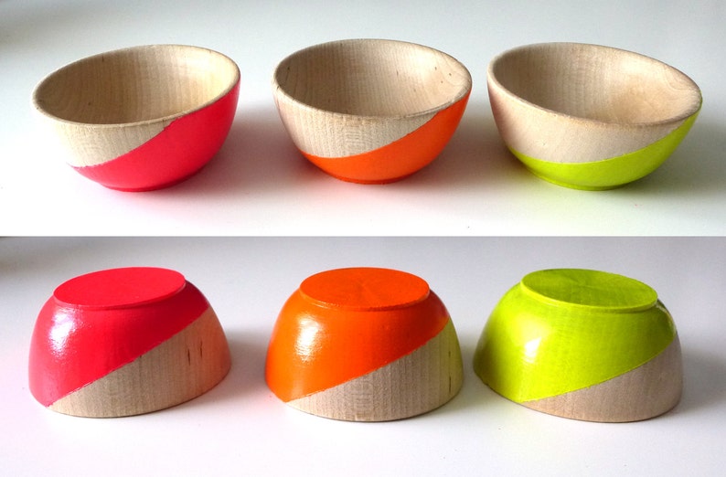 Neon wood bowls, neon slice bowls, set of 3, painted wood bowls, neon and wood, ring bowl, ring dish, ring cup, stocking stuffer image 3