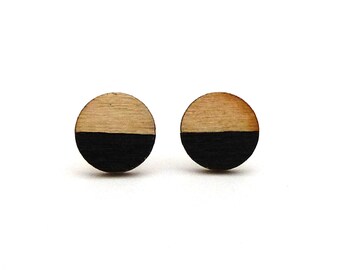 Tiny wood studs, black and wood earrings, round studs