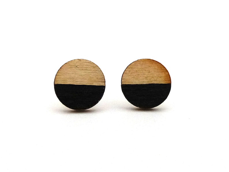 Tiny wood studs, black and wood earrings, round studs image 1