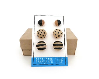 Black stud earring set, polka dot earrings, striped earrings, black post earrings, set of 3