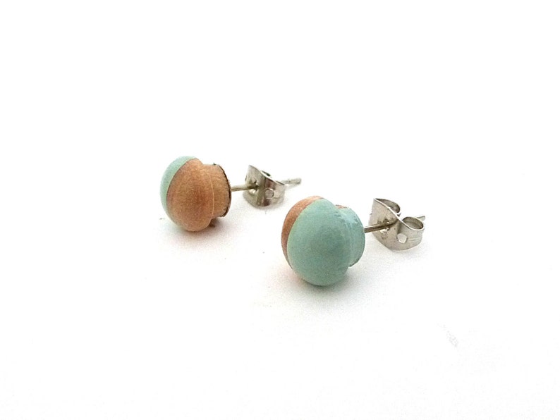 Mint green earrings, wood stud earrings, light green earrings, pastel earrings image 2