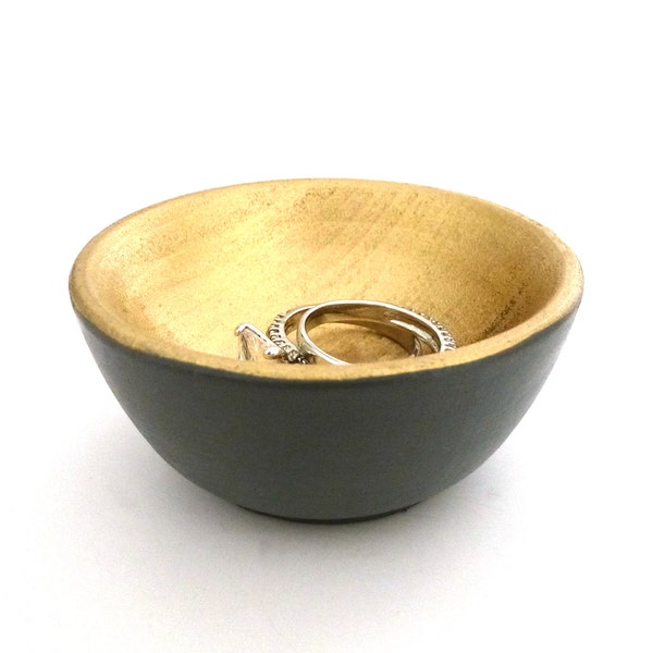 Gray and gold wood dish, jewelry dish, ring cup, mini jewelry holder, gift for her, stocking stuffer, secret santa gift, white elephant gift