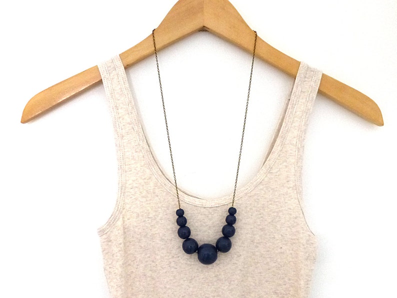 Navy blue necklace, graduated wood bead necklace, beaded necklace, mom necklace, fall jewelry, simple necklace, colored bead necklace image 1