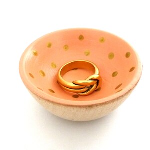 Peach and gold dots wood dish, jewelry dish, ring cup, mini jewelry holder, tiny ring cup, painted wood decor image 2