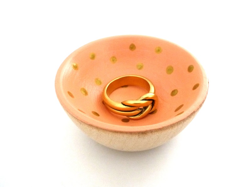 Peach and gold dots wood dish, jewelry dish, ring cup, mini jewelry holder, tiny ring cup, painted wood decor image 2