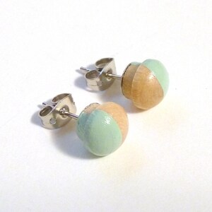 Mint green earrings, wood stud earrings, light green earrings, pastel earrings image 3